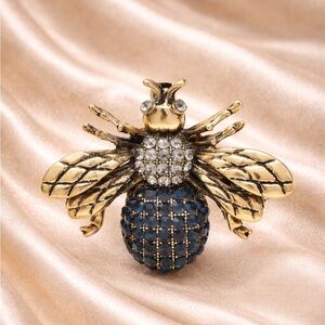 Gold Blue Bee Crystal Brooch
